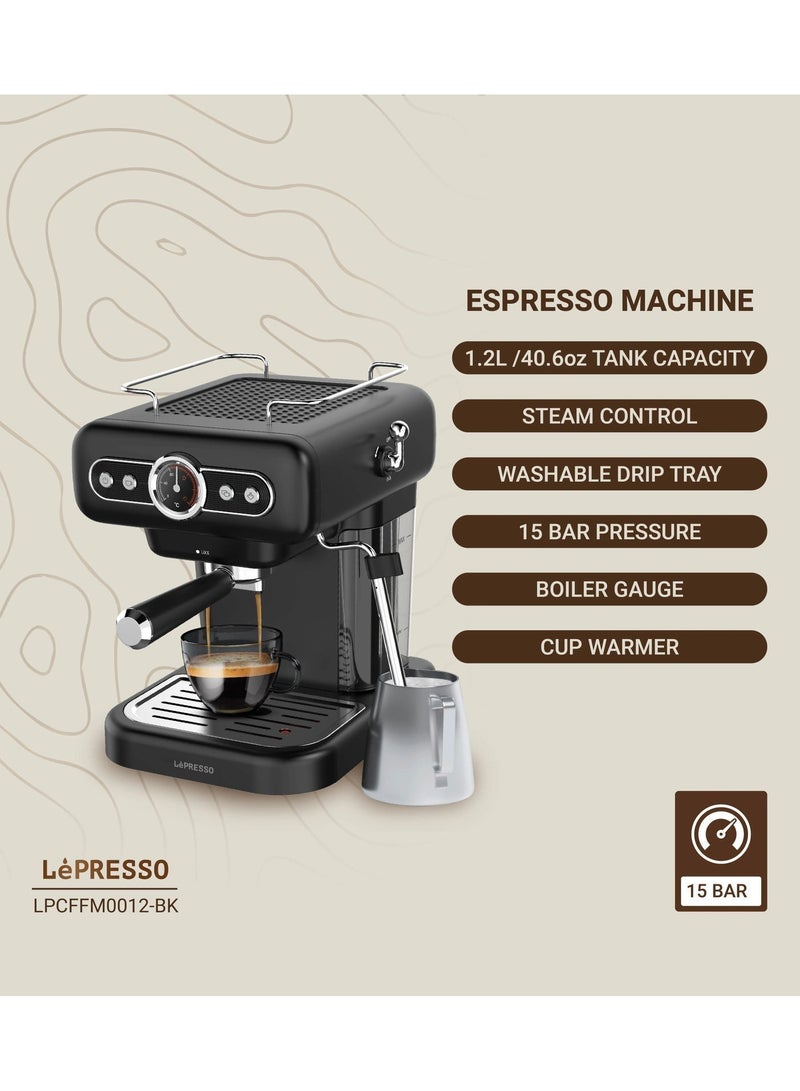 ليبرسو تم تغيير العنوانآلة صنع قهوة اسبريسو ريترو مع مقياس غلاية وبخار الحليب 950 واط / سعة خزان المياه 1.2 لتر / مضخة 15 بار / سخان الأكواب / التحكم بالبخار / محمول - أسود - Image 2